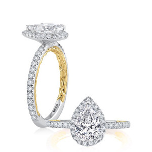 A.JAFFE MECPS2332Q/197B 14 Karat engagement ring, white gold pear halo ring, standing profile beside the top view
