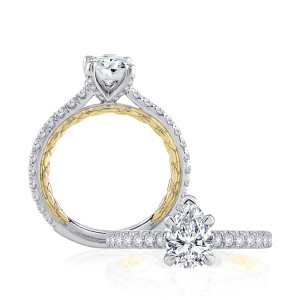 A.JAFFE MECPS2345Q/211 14 Karat engagement ring, white gold pear center ring, standing profile beside the top view