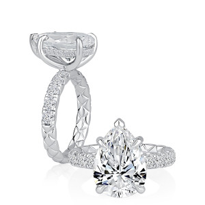 A.JAFFE MECPS3465Q/496 14 Karat engagement ring, white gold pear semi-mount with pave band, angled and top down views shown together
