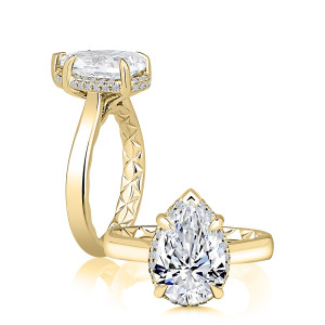 A.JAFFE MECPS3577Q/320 14 Karat engagement ring, yellow gold pear hidden halo ring, profile and top pair view