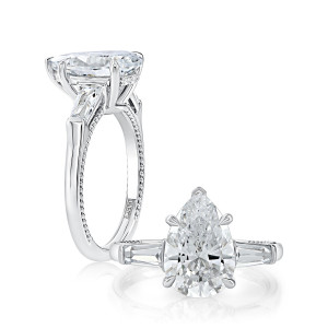 A.JAFFE MECPS4211/370 14 Karat engagement ring, white gold pear and baguette semi-mount, angled and top down views shown together