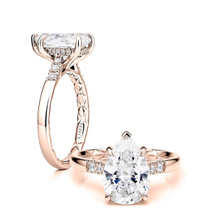 A.JAFFE MECPS4353Q/317 14 Karat engagement ring, pear shape engagement semi-mount in rose gold, profile and top views shown together
