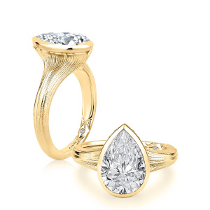 A.JAFFE MECPS4642L/301 14 Karat engagement ring, pear shaped bezel set engagement ring, angled and top view in yellow gold