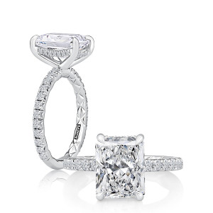 A.JAFFE MECRA2983QT/359 14 Karat engagement ring, white gold radiant semi mount, profile and top views together