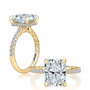 A.JAFFE MECRA3024Q/340 14 Karat engagement ring, yellow gold radiant center ring, standing profile beside the top view