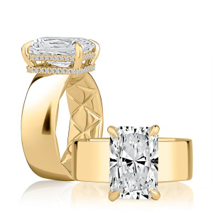 A.JAFFE MECRA3377Q/525 14 Karat engagement ring, yellow gold radiant cut engagement ring, standing profile paired with top down view