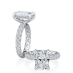 A.JAFFE MECRA3465Q/497 14 Karat engagement ring, white gold radiant cut engagement ring, profile and top pair view