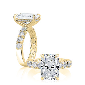 A.JAFFE MECRA3584Q/608 14 Karat engagement ring, yellow gold radiant semi mount, profile and top views together
