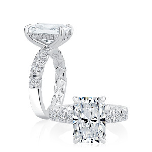 A.JAFFE MECRA3585Q/608 14 Karat engagement ring, radiant cut engagement semi-mount in white gold, profile and top views shown together