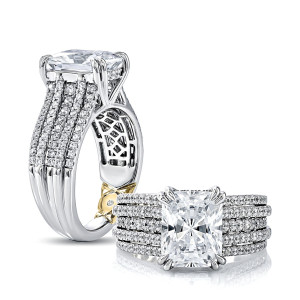 A.JAFFE MECRA4325L/479 14 Karat engagement ring, five row pave cushion engagement ring setting in white gold, angled view with upright side view