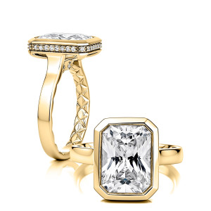 A.JAFFE MECRA4390Q/417EL 14 Karat engagement ring, bezel set engagement ring in yellow gold, standing profile beside a top view