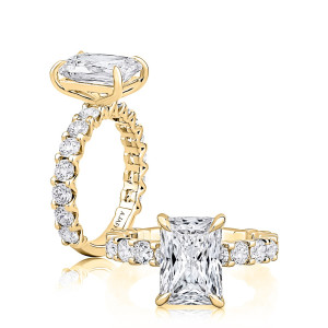 A.JAFFE MECRA4421T/419EL 14 Karat engagement ring, yellow gold engagement ring, standing profile paired with top down view of the band