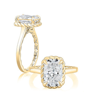 A.JAFFE MECRA4432Q/300EL 14 Karat engagement ring, yellow gold radiant semi mount, angled and top views showing the rope halo