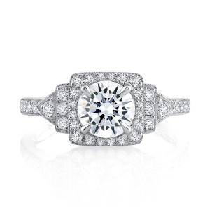A.JAFFE MECRD2363Q/137 14 Karat engagement ring, white metal round halo engagement ring, top view of vintage squared head