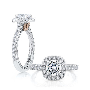 A.JAFFE MECRD2503Q/167 14 Karat engagement ring, white gold round center with cushion halo in angled and standing profile views