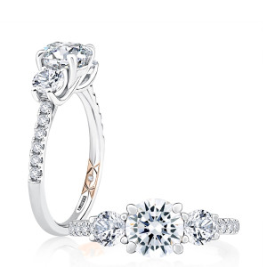A.JAFFE MECRD2541/265 14 Karat engagement ring, white gold three stone trellis semi-mount, angled and top down views shown together
