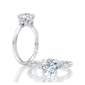 A.JAFFE MECRD2542/211 14 Karat engagement ring, three stone engagement semi-mount in white gold, profile and top views shown together