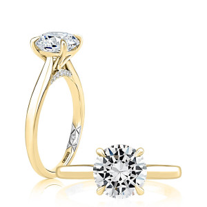 A.JAFFE MECRD2543/258 14 Karat engagement ring, yellow gold round solitaire, profile and top views with quilted interior panel