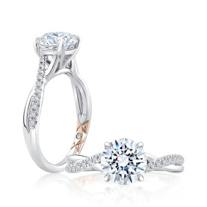 A.JAFFE MECRD2545/217 14 Karat engagement ring, round split shank crossover engagement ring, angled and top view in white gold