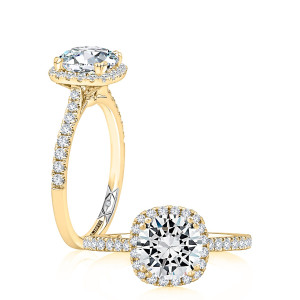 A.JAFFE MECRD2546/241 14 Karat engagement ring, yellow gold round center with cushion halo, angled and top view