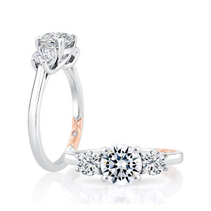 A.JAFFE MECRD2697/151 14 Karat engagement ring, three stone trellis engagement ring setting in white gold, angled view with upright side view