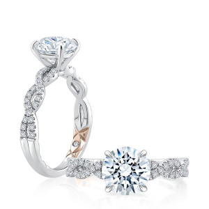 A.JAFFE MECRD2736/227 14 Karat engagement ring, round center crossover engagement ring in white gold, standing profile beside a top view