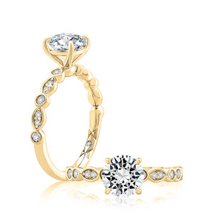 A.JAFFE MECRD2737/190 14 Karat engagement ring, yellow gold engagement ring, standing profile paired with top down view of the sculpted band