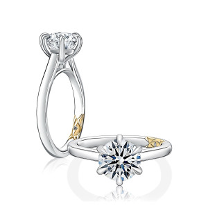 A.JAFFE MECRD2756/201 14 Karat engagement ring, six prong round solitaire, angled and profile pair in white gold with yellow gold quilt accent