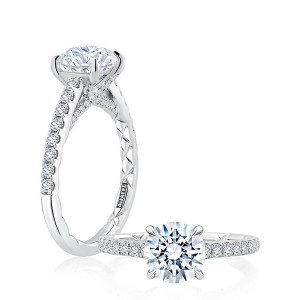 A.JAFFE MECRD2772Q/149 14 Karat engagement ring, white gold round engagement ring, paired standing and reclining views