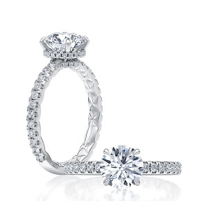 A.JAFFE MECRD2821Q/196 14 Karat engagement ring, white gold round center with hidden halo in angled and standing profile views
