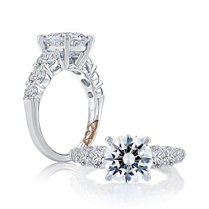 A.JAFFE MECRD2905L/426 14 Karat engagement ring, white gold round center semi-mount with graduated side stones, angled and top down views