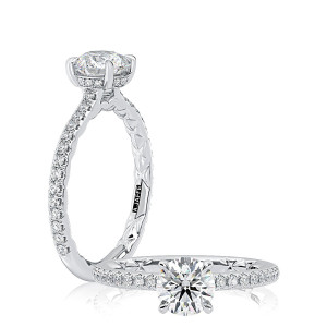 A.JAFFE MECRD2907Q/132 14 Karat engagement ring, round center engagement semi-mount in white gold, profile and top views shown together