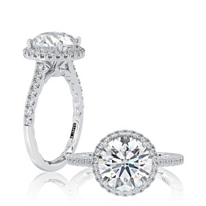 A.JAFFE MECRD2920Q/344 14 Karat engagement ring, white gold round halo semi mount, profile and top views together