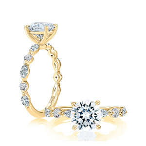 A.JAFFE MECRD2929T/162 14 Karat engagement ring, yellow gold engagement ring, standing profile paired with top down view of the band
