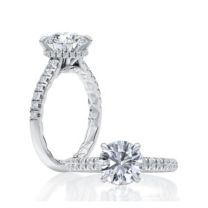A.JAFFE MECRD2930Q/242 14 Karat engagement ring, white gold round center ring, angled profile beside the top view