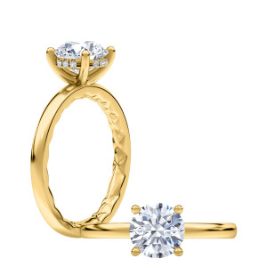 A.JAFFE MECRD2959Q/156 14 Karat engagement ring, round solitaire engagement ring setting in yellow gold, angled view with upright side view