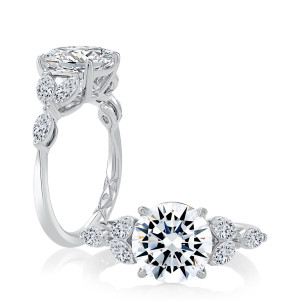 A.JAFFE MECRD3033LB/360 14 Karat engagement ring, round floral ring, angled and profile pair in white gold with marquise leaf accents
