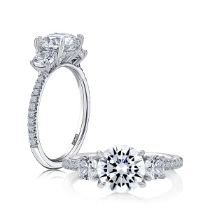 A.JAFFE MECRD3102/270 14 Karat engagement ring, three stone round center engagement ring in white gold, standing profile beside a top view