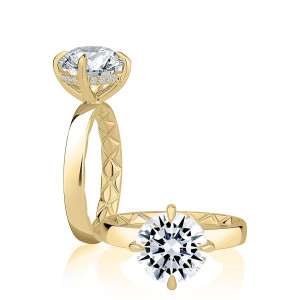 A.JAFFE MECRD3575Q/308 14 Karat engagement ring, yellow gold round semi mount, profile and top views with quilted shank