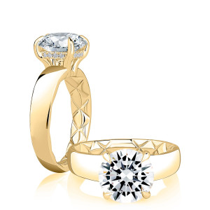 A.JAFFE MECRD3576Q/308 14 Karat engagement ring, yellow gold engagement ring, profile and top view pair showing the hidden halo and quilted interior