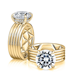 A.JAFFE MECRD3583Q/410 14 Karat engagement ring, yellow gold round engagement ring, paired standing and reclining views of the ribbed wide band
