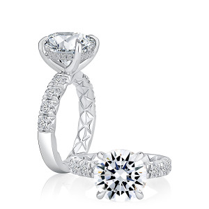 A.JAFFE MECRD3584Q/606 14 Karat engagement ring, white gold round center with shared prong shoulders in angled and profile views