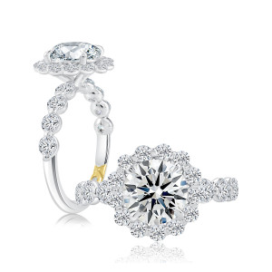 A.JAFFE MECRD3654L/326 14 Karat engagement ring, a.JAFFE white gold round halo engagement ring, profile and top view
