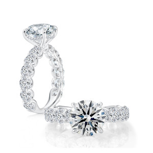 A.JAFFE MECRD3705T/548 14 Karat engagement ring, white gold round center ring with scalloped accent band, angled and top views