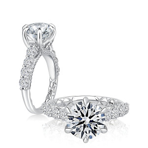 A.JAFFE MECRD3732Q/410 14 Karat engagement ring, white gold engagement ring, paired profile and top views showing the round center and diamond set shoulders
