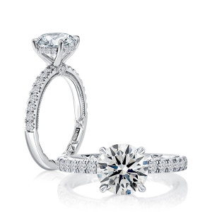 A.JAFFE MECRD3752Q/297 14 Karat engagement ring, round center pave engagement ring setting in white gold, angled view with upright side view