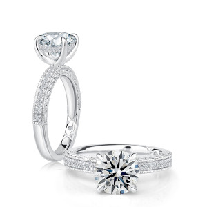 A.JAFFE MECRD3822L/230 14 Karat engagement ring, round center engagement ring in white gold, standing profile beside a top view
