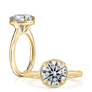 A.JAFFE MECRD3830L/300 14 Karat engagement ring, yellow gold bezel set engagement ring, standing profile beside top down view of the head