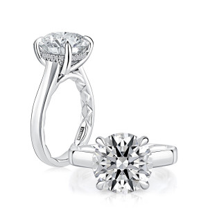 A.JAFFE MECRD3927Q/410 14 Karat engagement ring, white gold round semi mount, angled and top views showing the plain flat shank