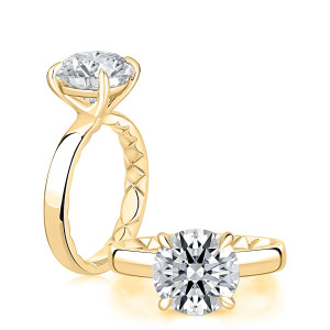 A.JAFFE MECRD3935BQ/350 14 Karat engagement ring, yellow gold engagement ring profile view with a top view alongside